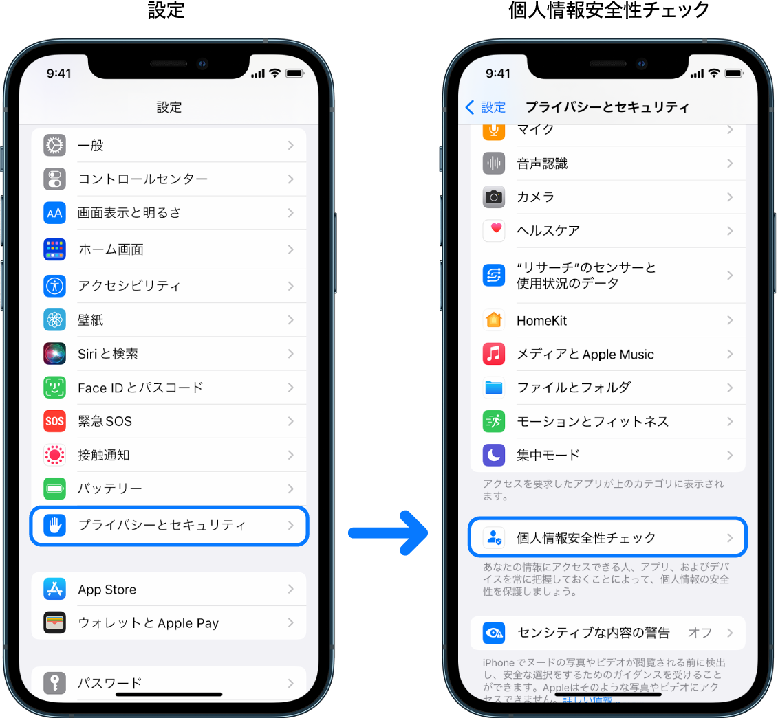 設定アプリから個人情報安全性チェックにアクセスする方法。