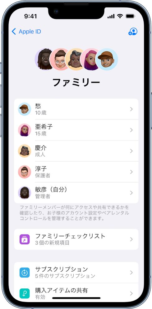 「設定」の「ファミリー共有」画面。5人の家族がリストされており、4つのサブスクリプションが家族と共有されています。