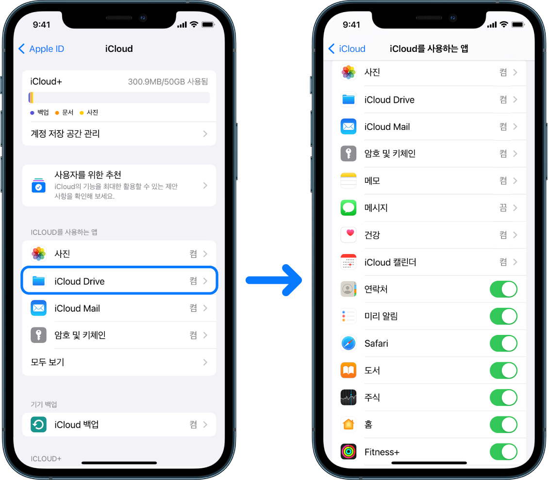 여러 iCloud 서비스가 켜져 있고 로그인된 Apple ID 계정을 보여주는 iPhone.