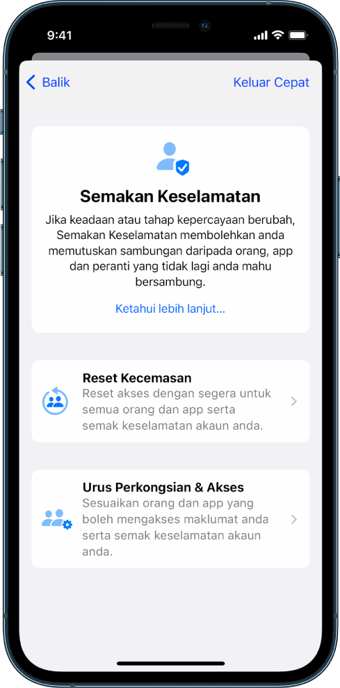 iPhone menunjukkan skrin persediaan Semakan Keselamatan.