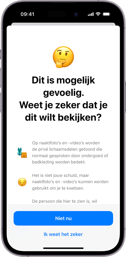 Een iPhone met het scherm 'Waarschuwing gevoelig materiaal'.