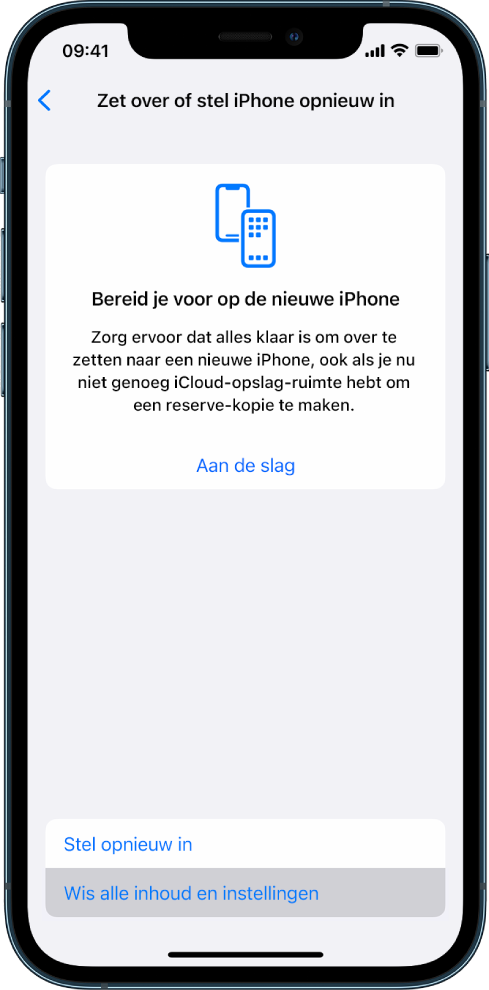 Een iPhone-scherm waarin de optie 'Wis alle inhoud en instellingen' is geselecteerd.