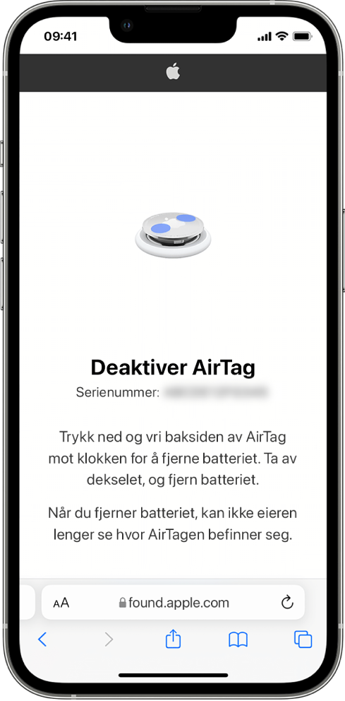 En iPhone-skjerm som viser hvordan man deaktiverer en AirTag.