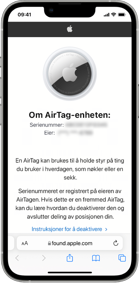 En iPhone-skjerm som viser informasjon om en AirTag.