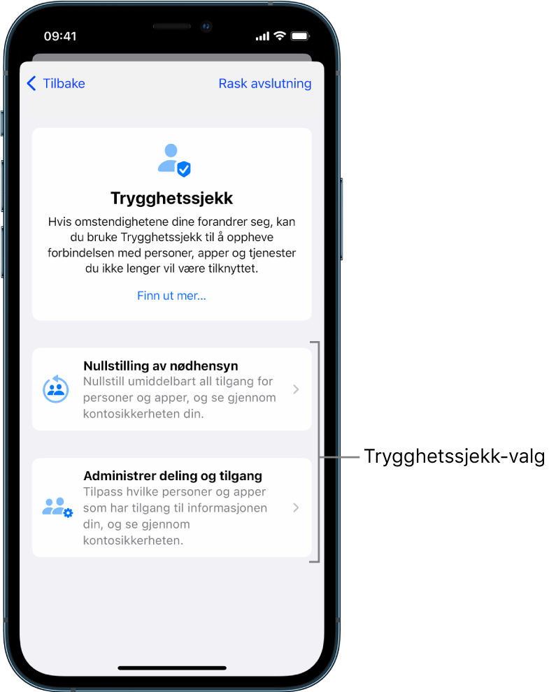 En skjerm som viser de to valgene i Trygghetssjekk: Nullstilling av nødhensyn og Administrer deling og tilgang.