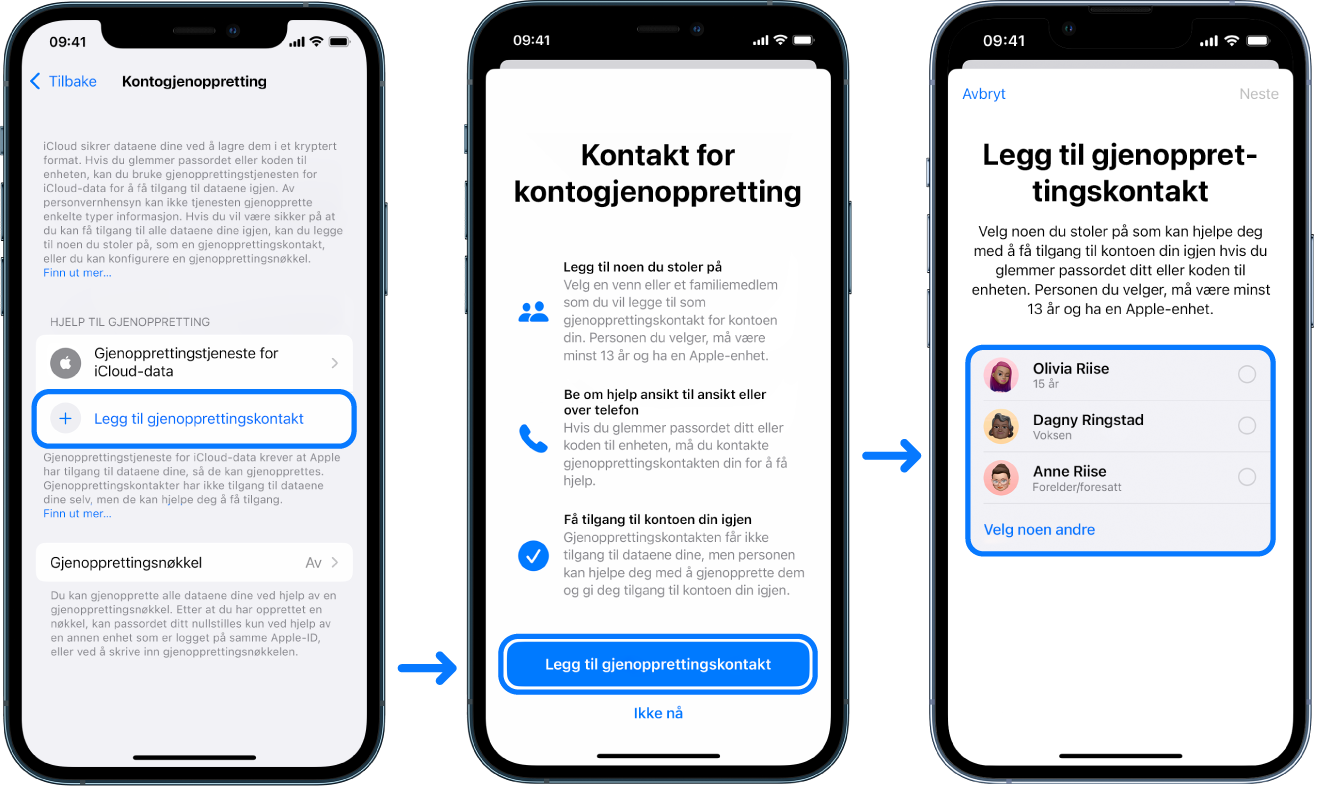 Tre iPhone-skjermer som viser hvordan man legger til kontakter for kontogjenoppretting.