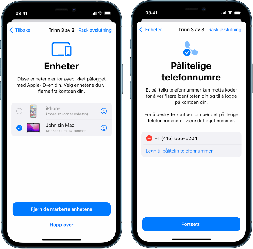 Tre iPhone-skjermer som viser (1) en markert enhet som skal fjernes fra registrerte enheter, (2) en skjerm for å redigere registrerte telefonnummer, og (3) en skjerm for å oppdatere et Apple-ID-passord.