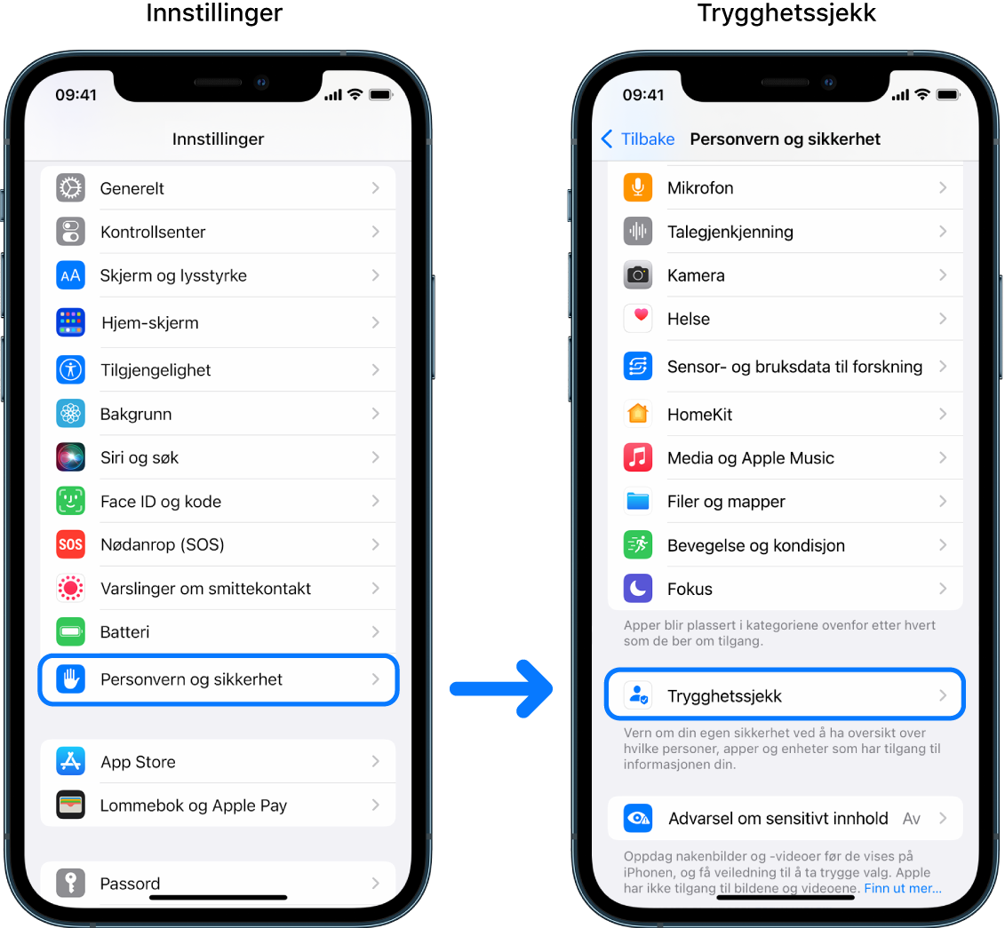 Måten å åpne Trygghetssjekk på fra Innstillinger-appen.