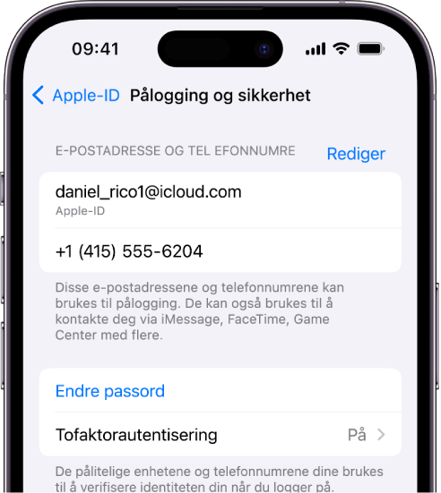 En iPhone-skjerm som viser at tofaktorautentisering er slått på.