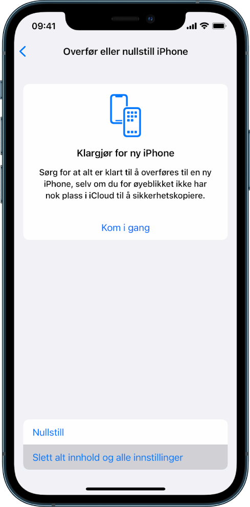 En iPhone-skjerm som viser Slett alt innhold og alle innstillinger som markert valg.