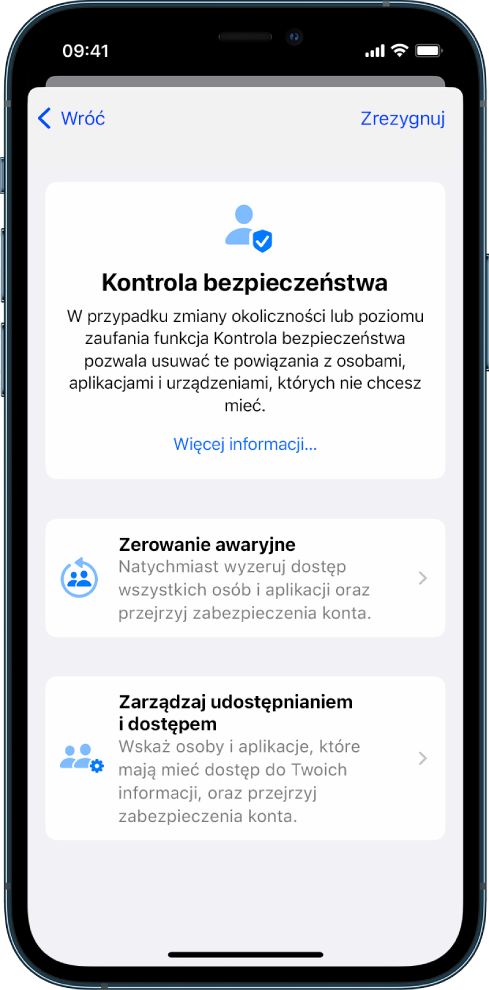 iPhone wyświetlający ekran funkcji Kontrola bezpieczeństwa.