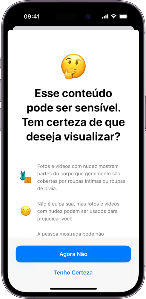 iPhone mostrando a tela de Aviso de Conteúdo Sensível.