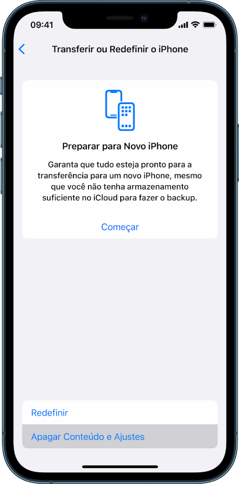 Tela do iPhone mostrando Apagar Todo o Conteúdo e Ajustes como a opção selecionada.