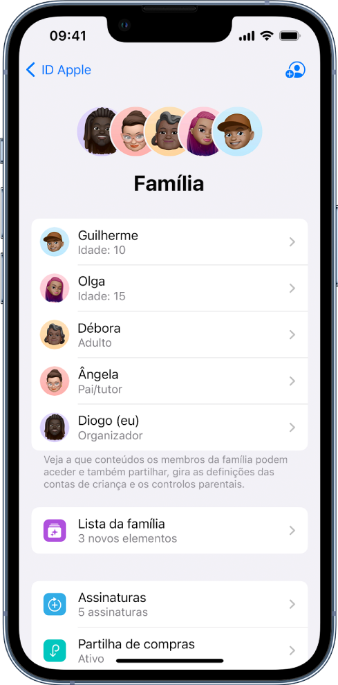 O ecrã Partilha com a família nas Definições. Estão indicados cinco membros da família e são partilhadas quatro assinaturas com a família.