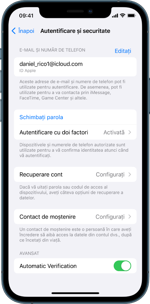 Ecranul unui iPhone afișând autentificarea cu doi factori dezactivată.