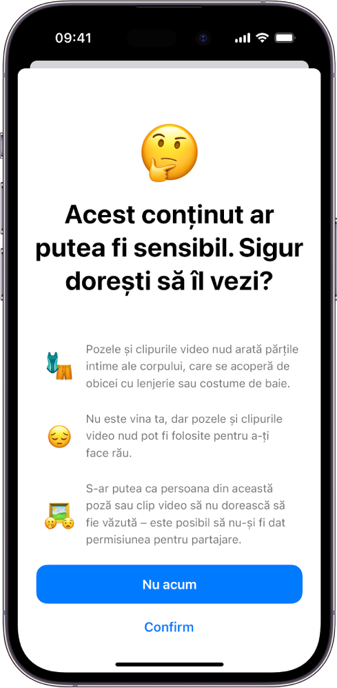 Un iPhone prezintă ecranul Avertisment conținut sensibil.