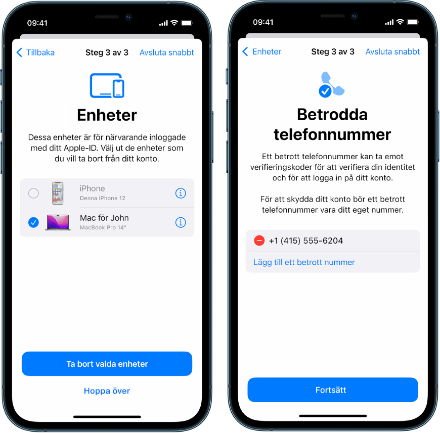 Tre iPhone-skärmar som visar (1) en markerad enhet som ska tas bort från betrodda enheter, (2) en skärm där betrodda telefonnummer kan ändras och (3) en skärm där lösenordet för ett Apple-ID kan ändras.