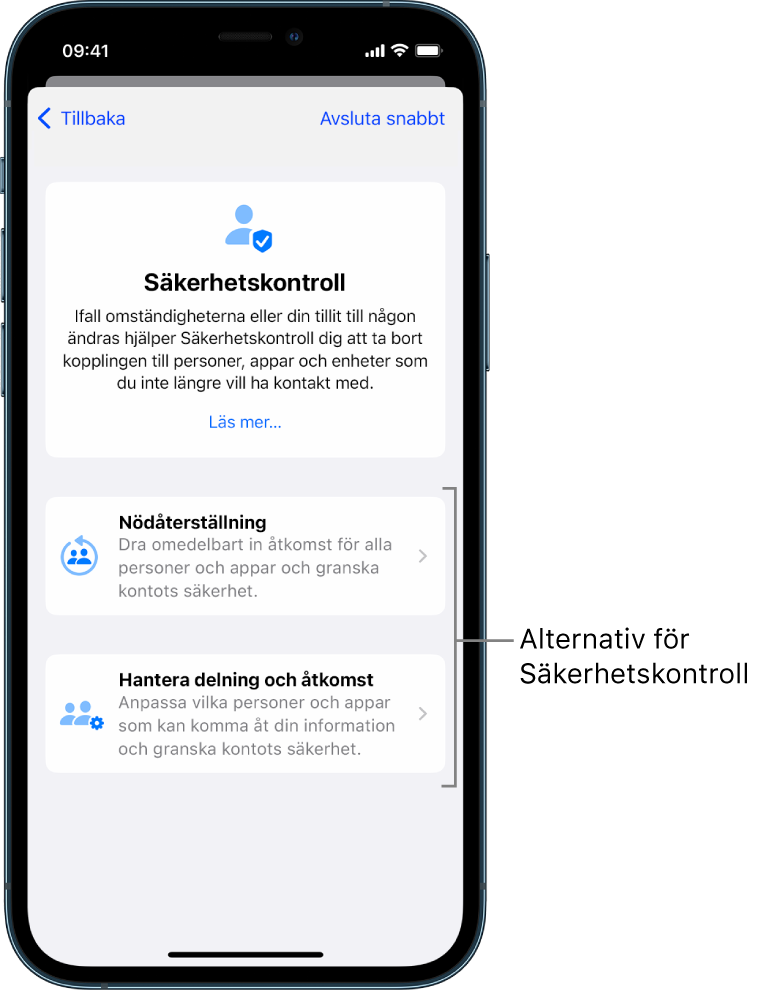 En skärm som visar de två alternativ som finns i Säkerhetskontroll: Nödåterställning och Hantera delning och åtkomst.
