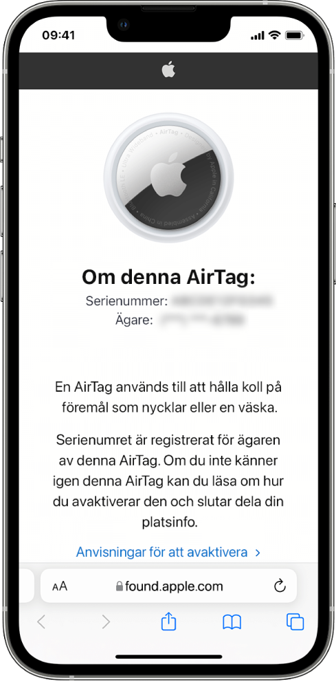 En iPhone-skärm visar information om en AirTag.