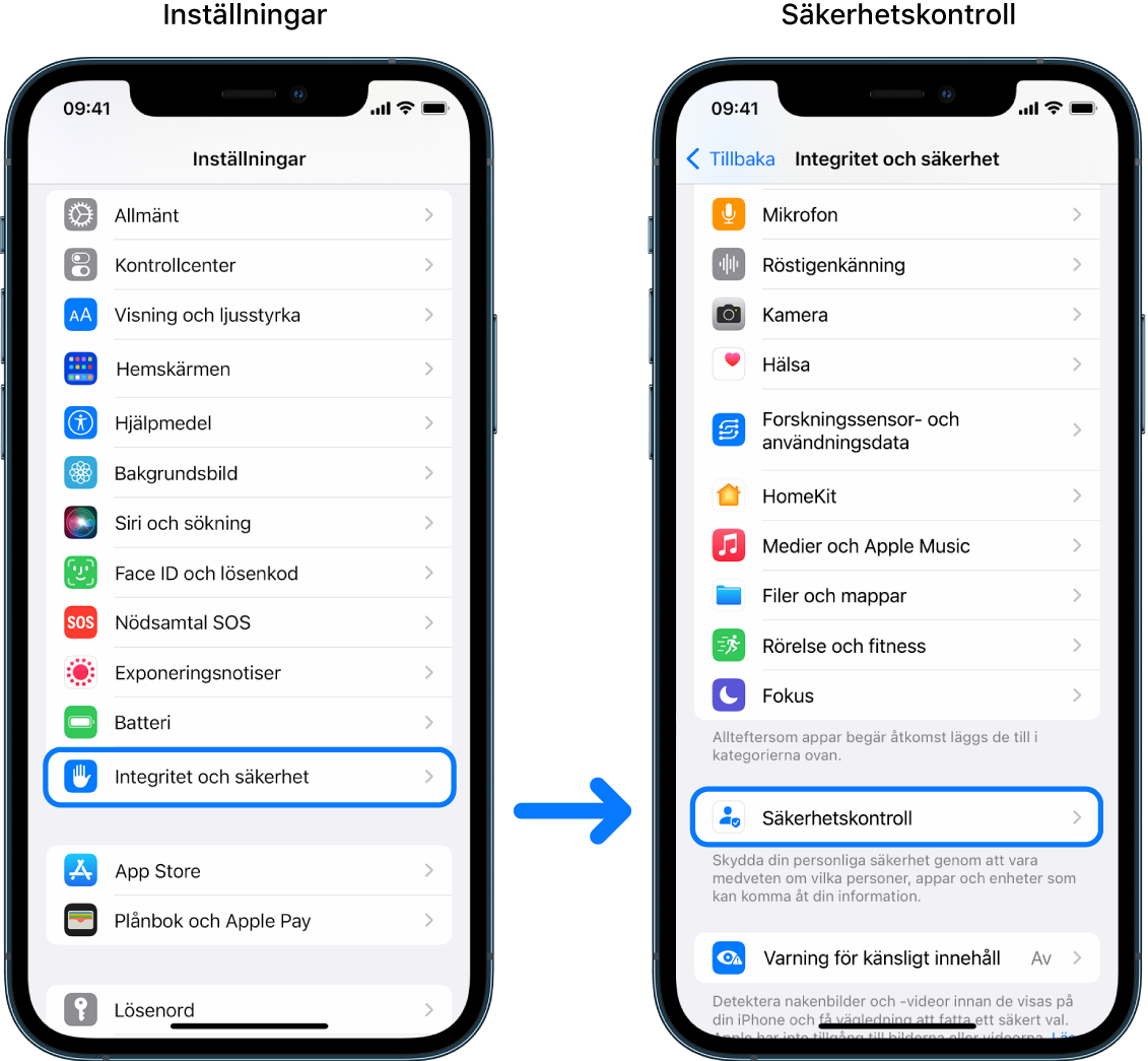 Så här kommer du åt Säkerhetskontroll i appen Inställningar.