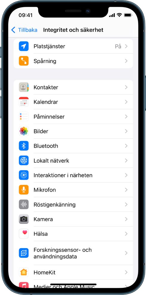 En iPhone visar skärmen Integritet och säkerhet i Inställningar.