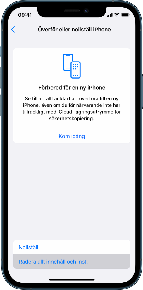 En iPhone-skärm som visar Radera allt innehåll och alla inställningar som det valda alternativet.