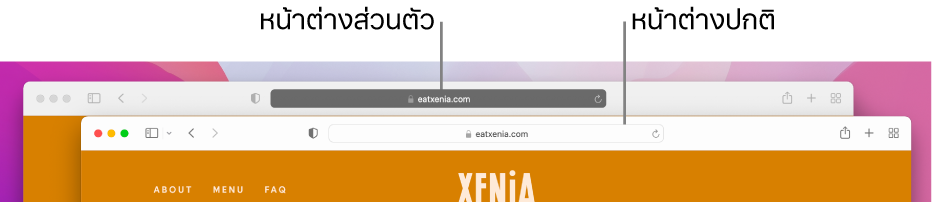 หน้าต่าง Safari แบบปกติบน Mac ที่มีช่องค้นหาอัจฉริยะแบบสว่างและหน้าต่าง Safari แบบส่วนตัวที่มีช่องค้นหาอัจฉริยะแบบมืด
