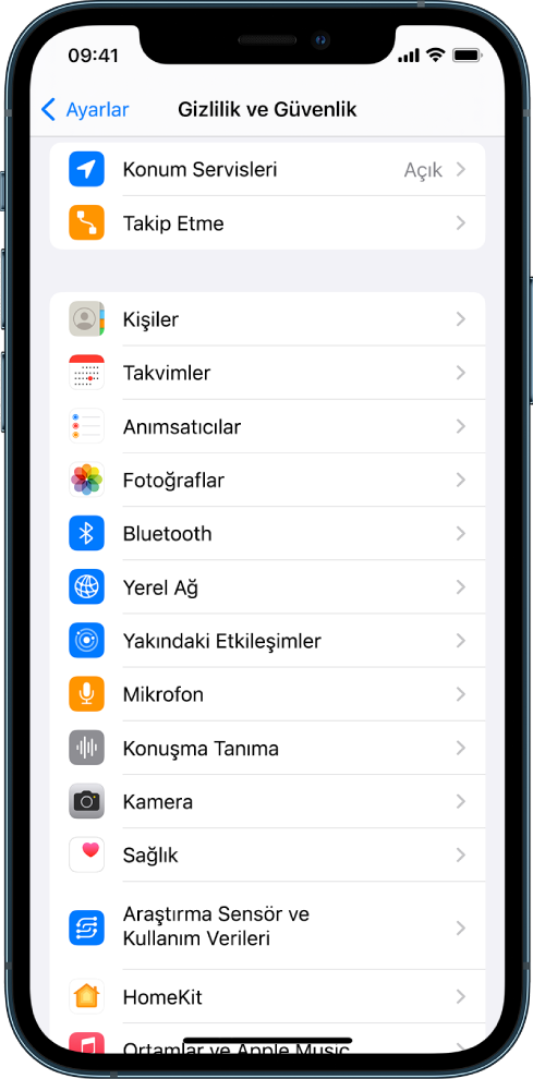 Ayarlar’da Gizlilik ve Güvenlik ekranını gösteren bir iPhone.