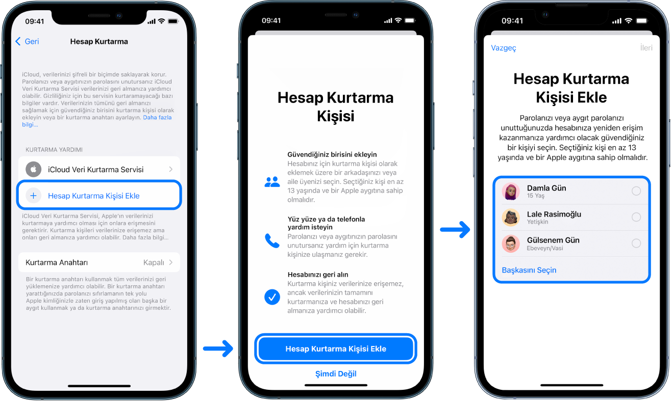 Hesap Kurtarma kişilerini eklemeyi gösteren üç iPhone ekranı.