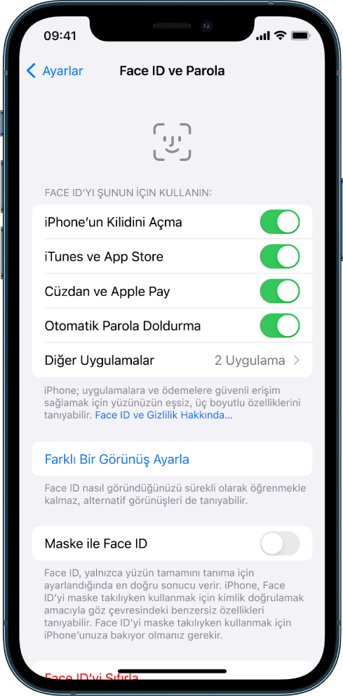 Face ID’nin neler için kullanılabileceğini (iPhone’un Kilidini Açma, iTunes ve App Store, Cüzdan ve Apple Pay ve Otomatik Parola Doldurma gibi) gösteren iPhone Face ID ekranı.