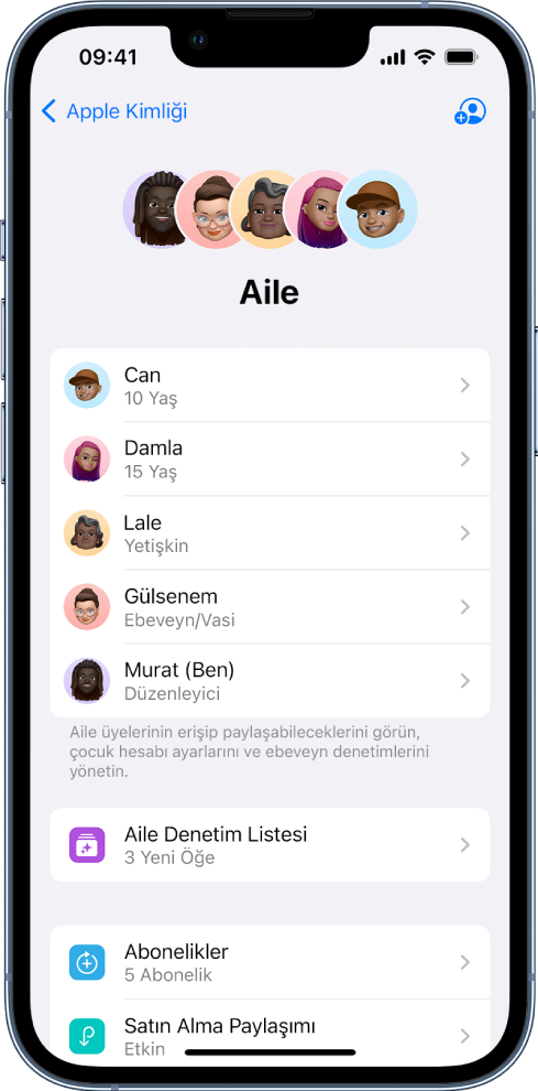 Ayarlar’daki Aile Paylaşımı ekranı. Beş aile üyesi listeleniyor ve dört abonelik aile ile paylaşılıyor.