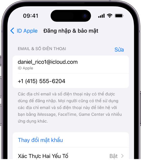 Một màn hình iPhone đang hiển thị xác thực hai yếu tố được bật.