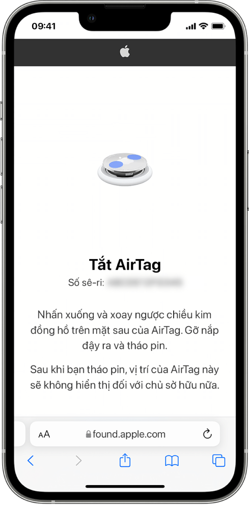 Một màn hình iPhone đang hiển thị cách tắt AirTag.