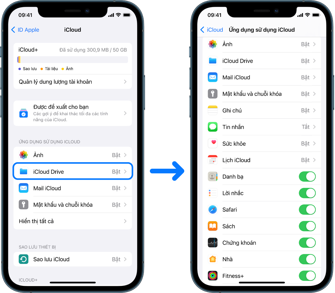 Một iPhone đang hiển thị một tài khoản ID Apple được đăng nhập với nhiều dịch vụ iCloud được bật.