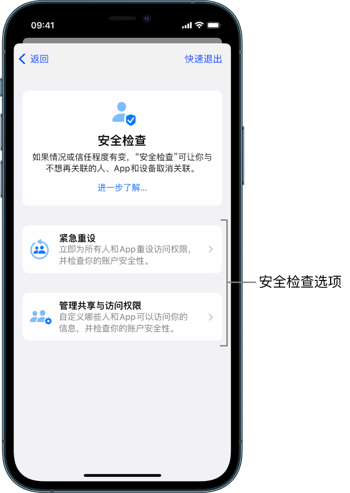 屏幕显示可通过“安全检查”使用的两个选项：“紧急重设”和“管理共享与访问”。