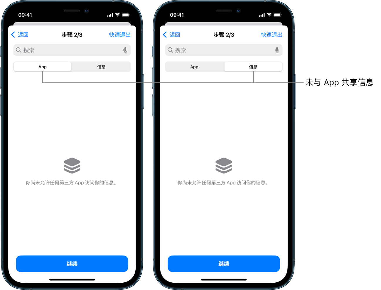 屏幕显示通过选择 App 和“信息”标签页，用户未与任何其他 App 共享任何信息。