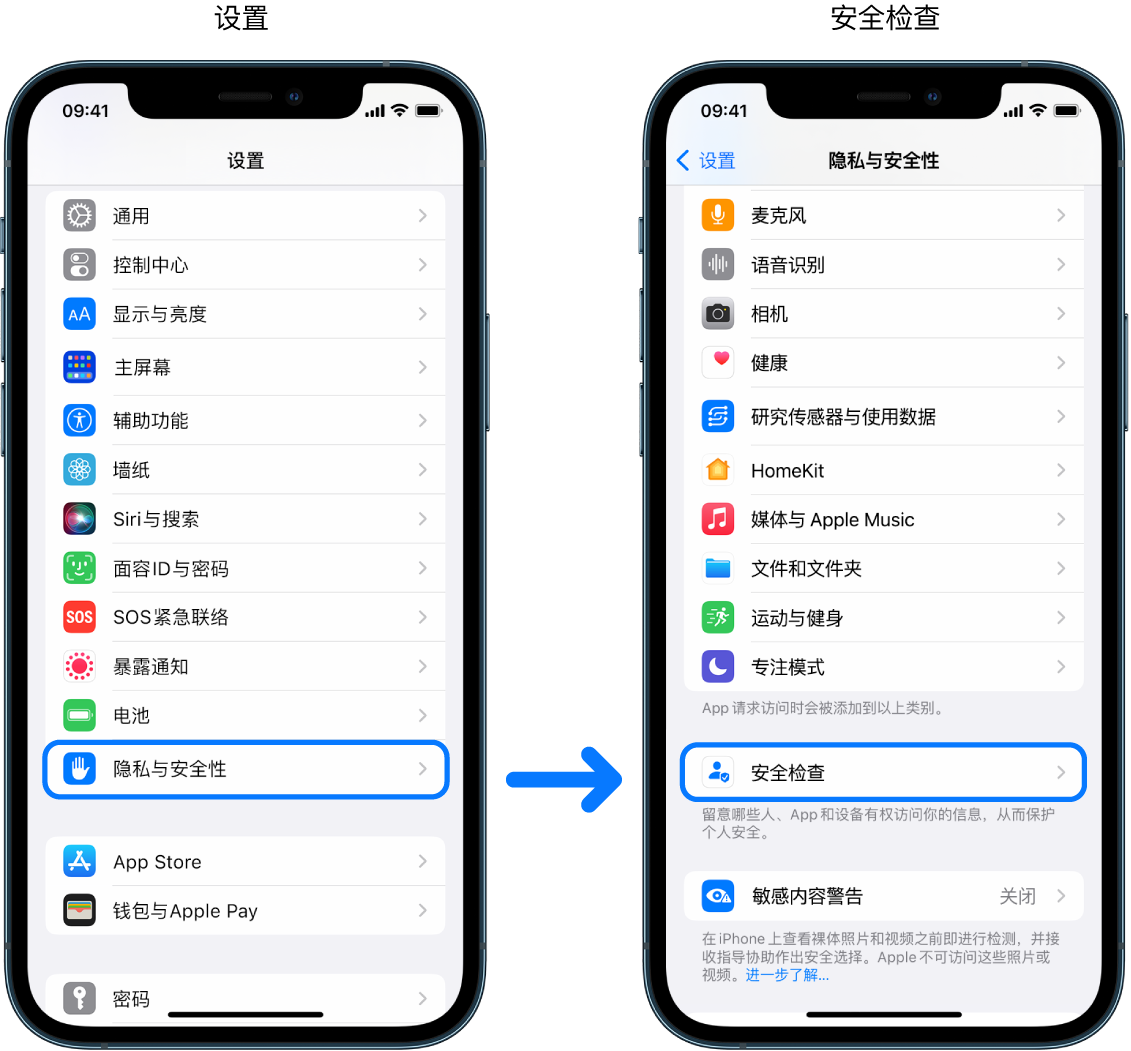 从“设置” App 访问“安全检查”的方式。