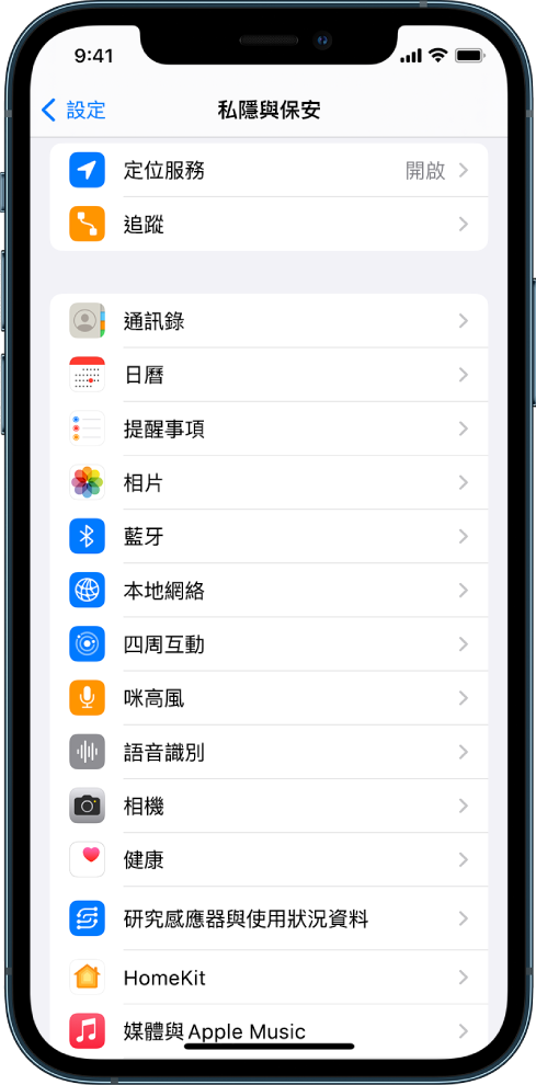iPhone 顯示「設定」中的「私隱與保安」畫面。