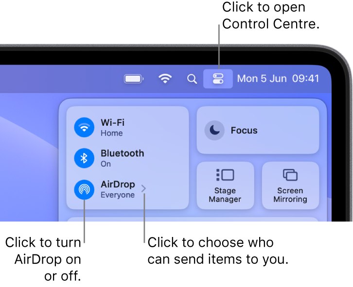 A Control Centre window showing where to turn AirDrop on or off and how to choose who can send items to you.