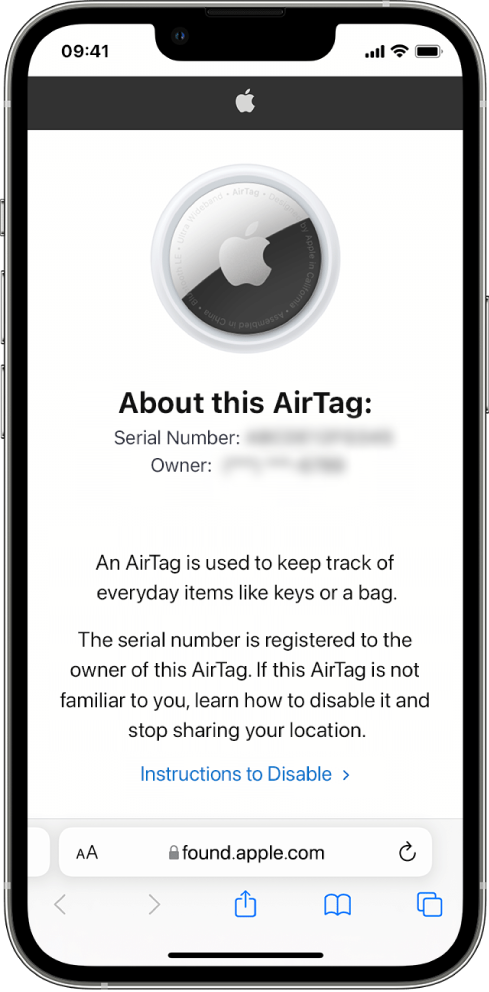 An iPhone screen showing information about an AirTag.