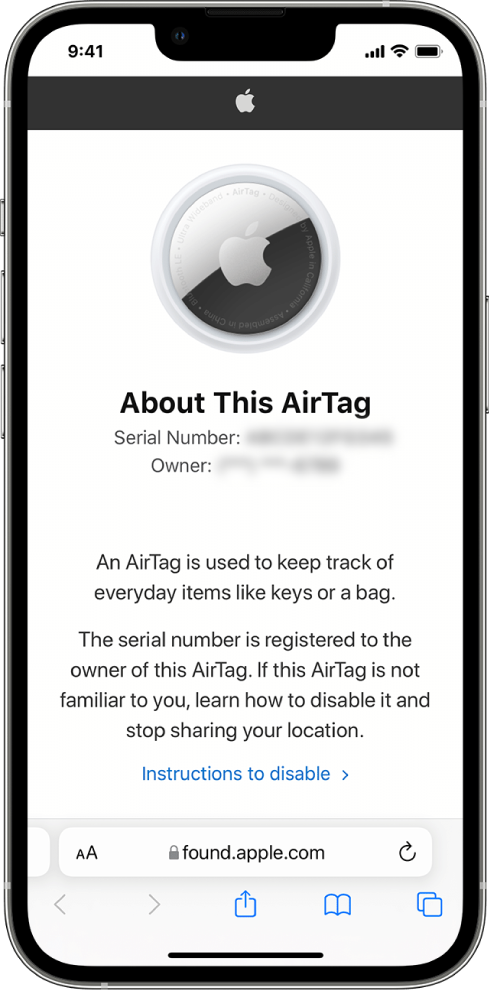 A iPhone screen showing information about an AirTag.