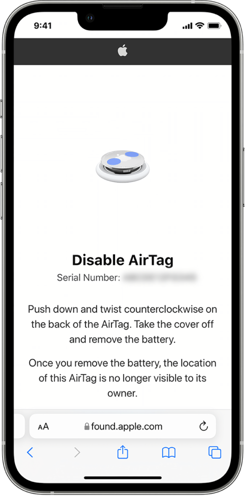 An iPhone screen showing how to disable an AirTag.