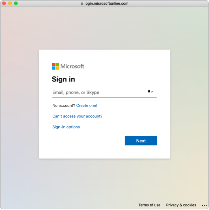 Apple Business Manager 윈도우 상단의 Microsoft Entra ID 로그인 윈도우.