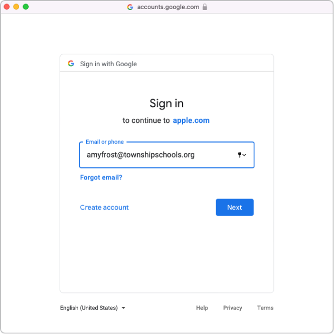 The Google Workspace sign-in window on top of the Apple School Manager window.