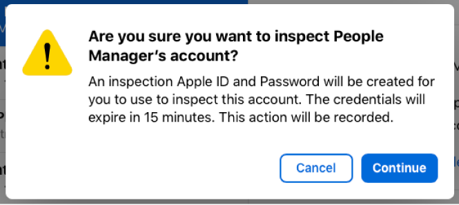 An inspect alert showing the amount of time the Managed Apple ID account can be inspected.