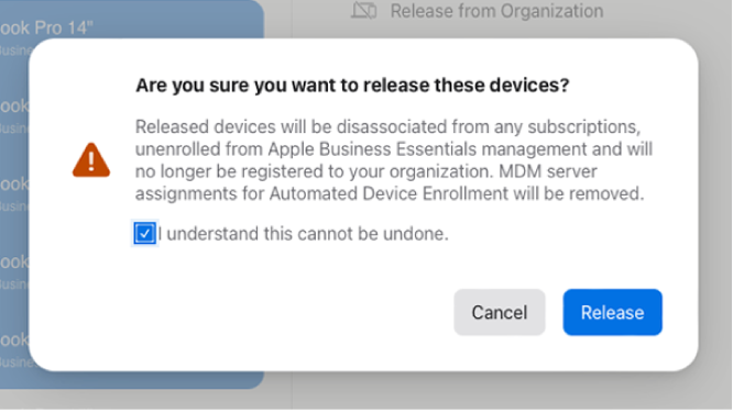 A dialog that manages releasing devices from Apple Business Essentials.