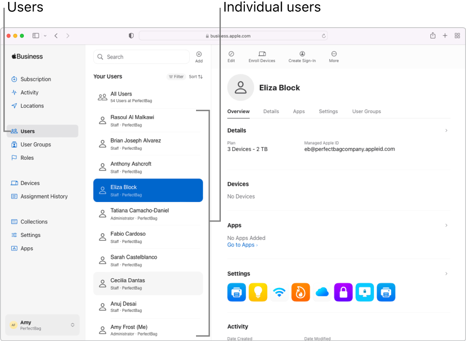 La ventana de Apple Business Essentials con la opción Usuarios seleccionada en la barra lateral. Un usuario está seleccionado y se muestra su información.