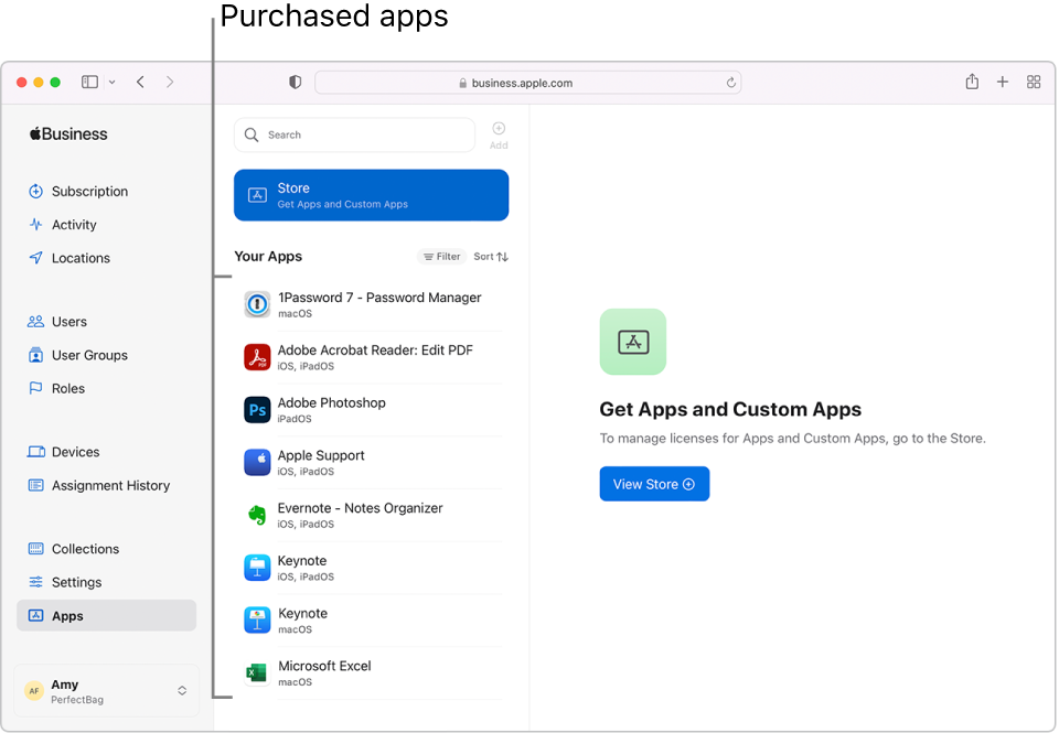 La ventana de Apple Business Essentials, con la opción Apps seleccionada en la barra lateral y una app seleccionada junto a ella.