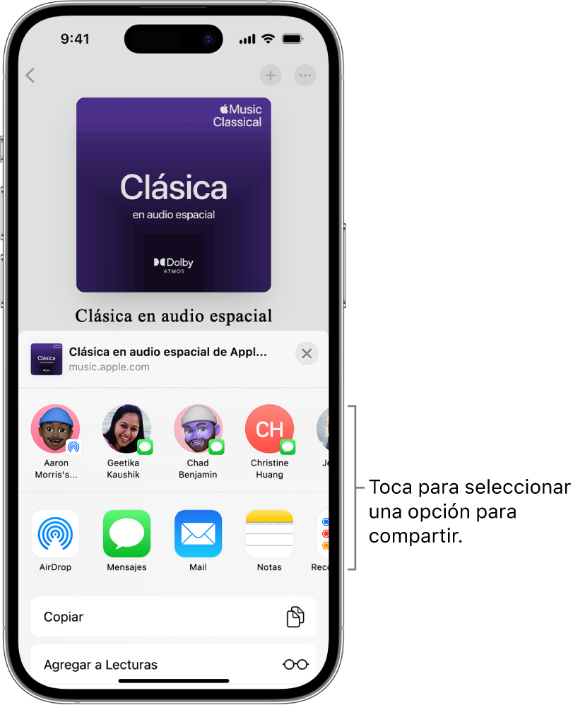 Un iPhone mostrando una playlist de música clásica en la parte superior de la pantalla, con contactos y opciones para compartir debajo.