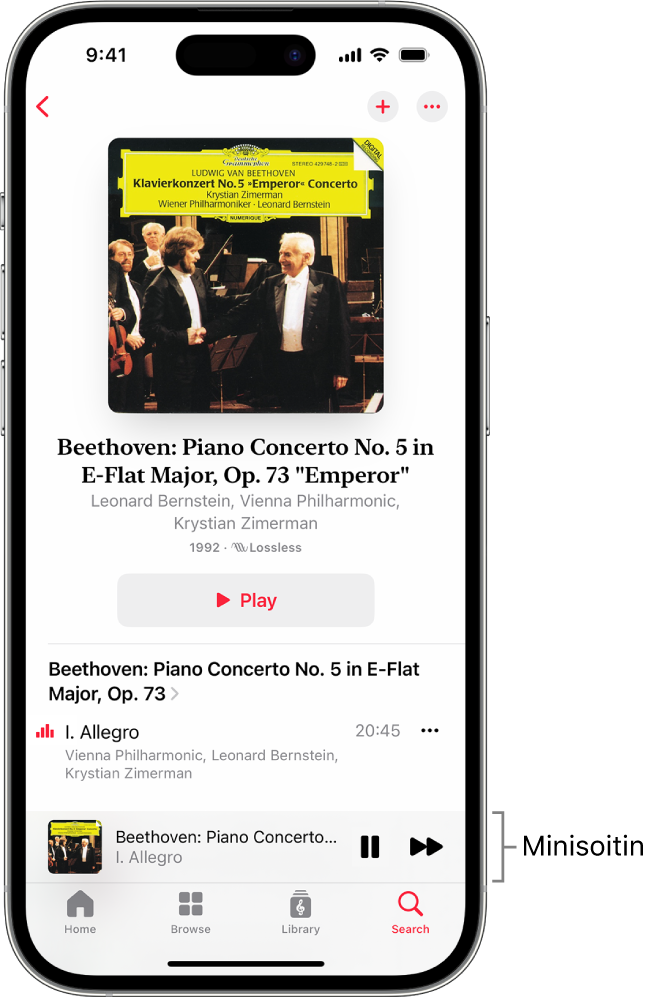 iPhone, jossa näkyy minisoitin Apple Music Classicalissa. Näytön yläreunassa näkyy albumin kuvitus, teoksen nimi ja toistopainike. Minisoitin näkyy näytön alaosassa. Näytön alareunassa ovat Home-, Browse-, Library- ja Search-painikkeet.